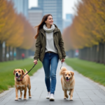 Femme souriante avec deux chiens dans un parc urbain