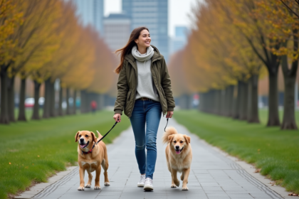 Femme souriante avec deux chiens dans un parc urbain