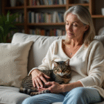 Femme assise sur un canapé avec un chat tabby au calme