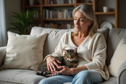 Femme assise sur un canapé avec un chat tabby au calme