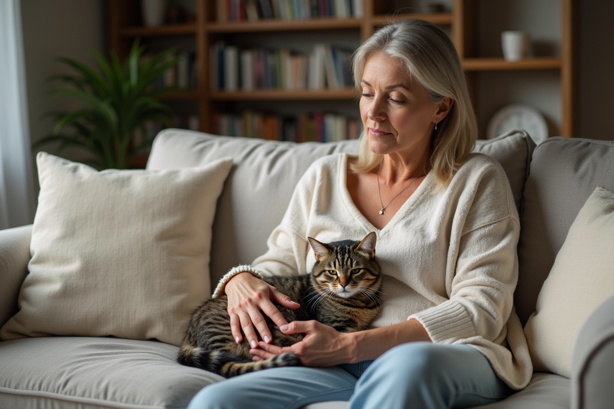 Femme assise sur un canapé avec un chat tabby au calme