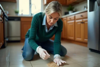 Femme examinant des pellets dans la cuisine à la maison