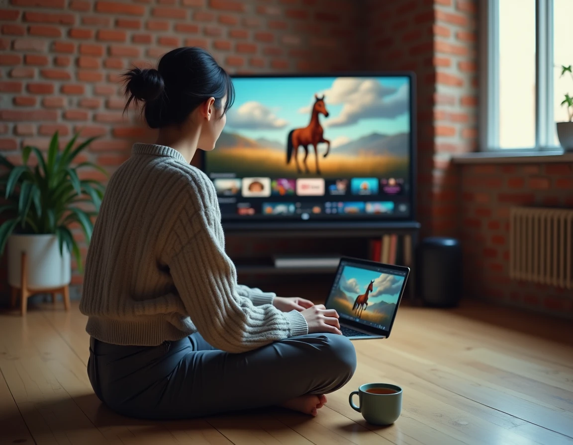 Jeune femme choisissant un film d'animation sur les chevaux sur son ordinateur portable