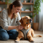Femme ajustant un harnais sur un chien dans un salon chaleureux