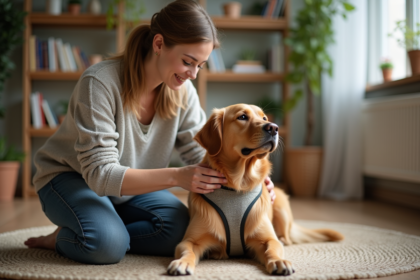 Femme ajustant un harnais sur un chien dans un salon chaleureux