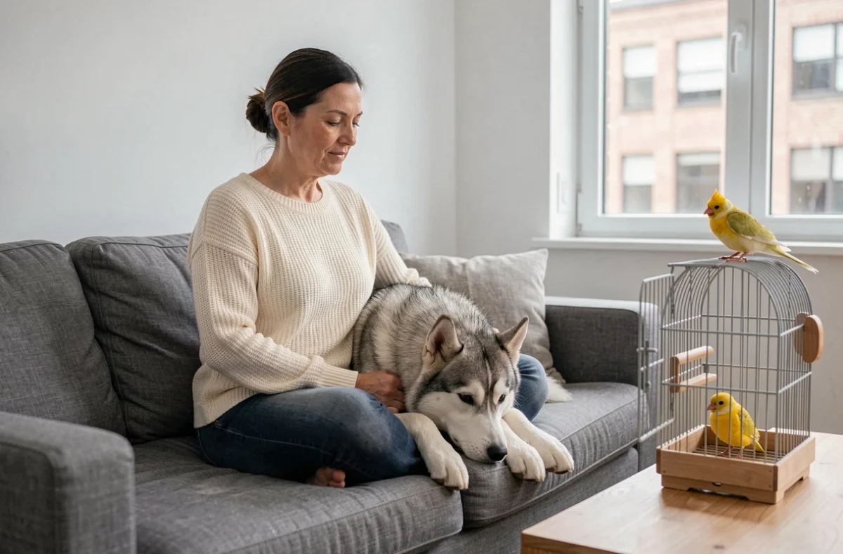 Femme avec un Husky sibérien et un canari dans un appartement moderne, exemple de cohabitation entre animaux