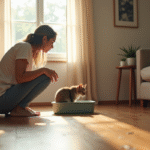 Femme inquiète près d'une litière avec un chat tabby à côté dans un salon lumineux