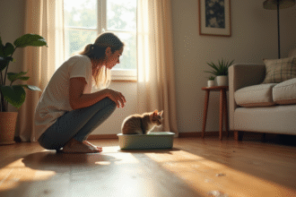 Femme inquiète près d'une litière avec un chat tabby à côté dans un salon lumineux