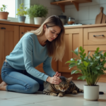 Femme réconfortant son chat dans la cuisine