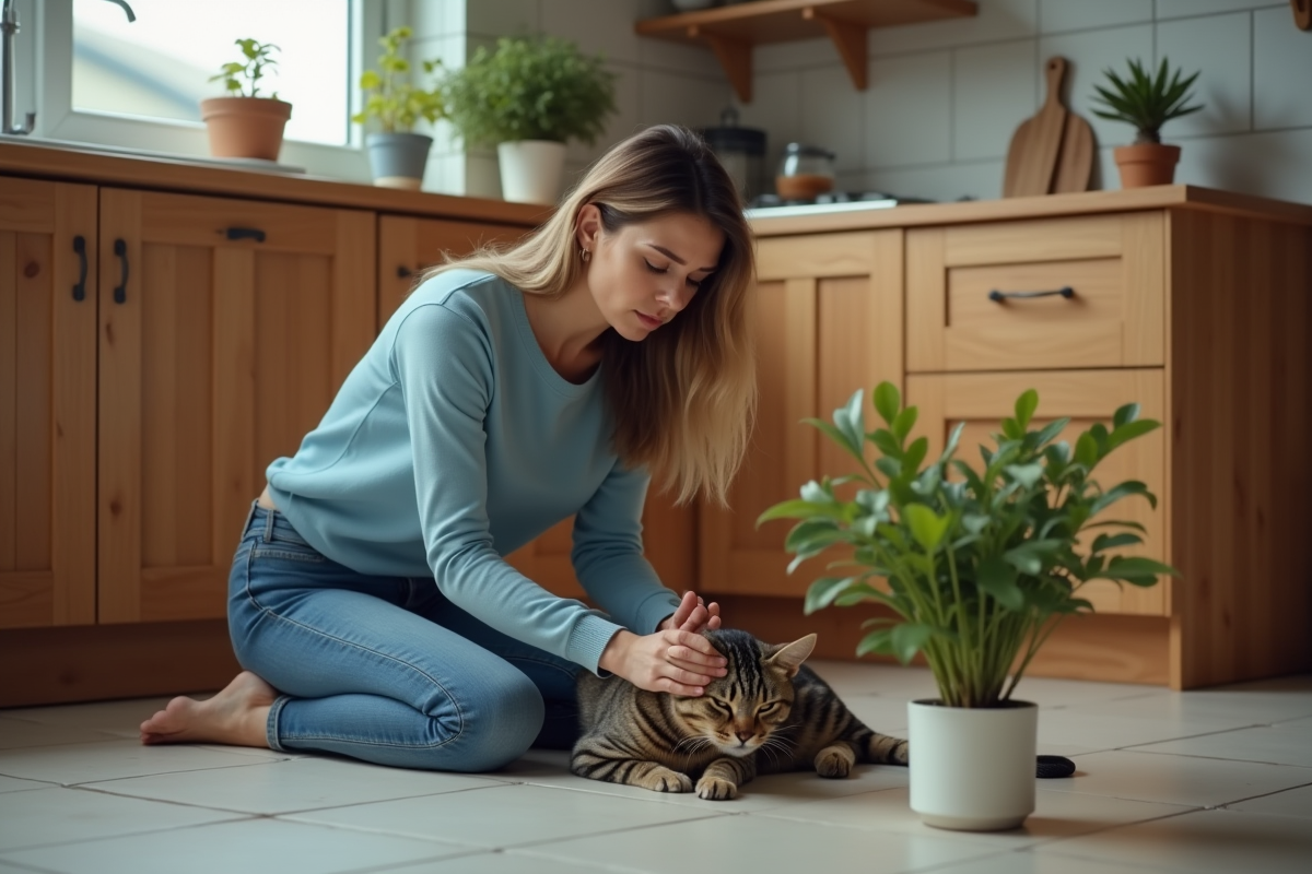 Femme réconfortant son chat dans la cuisine