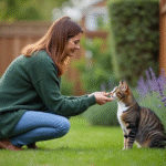 Femme agenouillée près d'une clôture en bois avec son chat et des lavandes