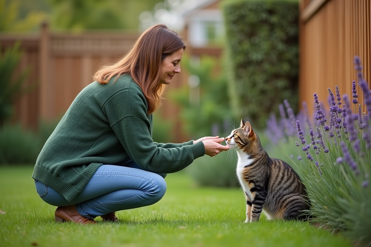 Femme agenouillée près d'une clôture en bois avec son chat et des lavandes