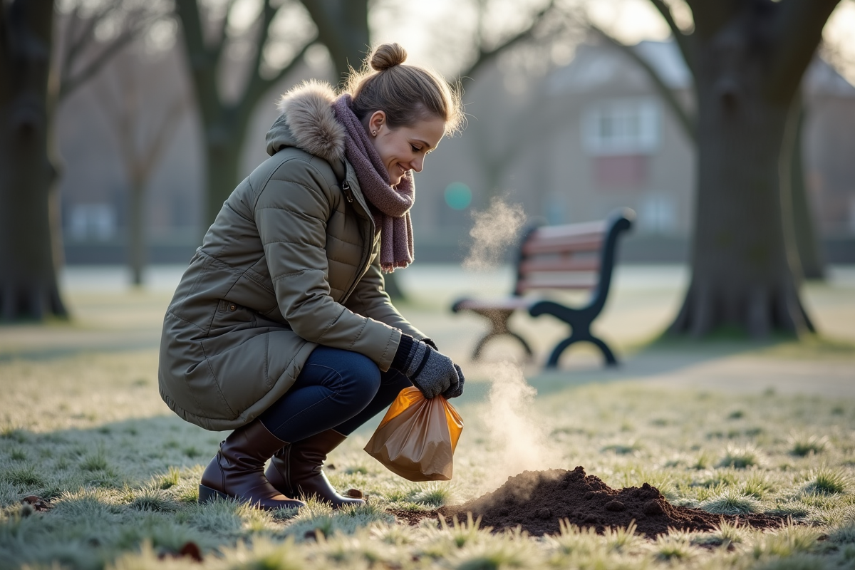 Femme en manteau observant vapeur sur déjections canines