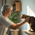 Femme nettoyant un mur marqué par un chat dans un appartement lumineux