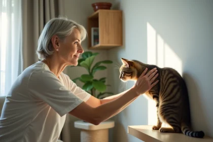 Femme nettoyant un mur marqué par un chat dans un appartement lumineux