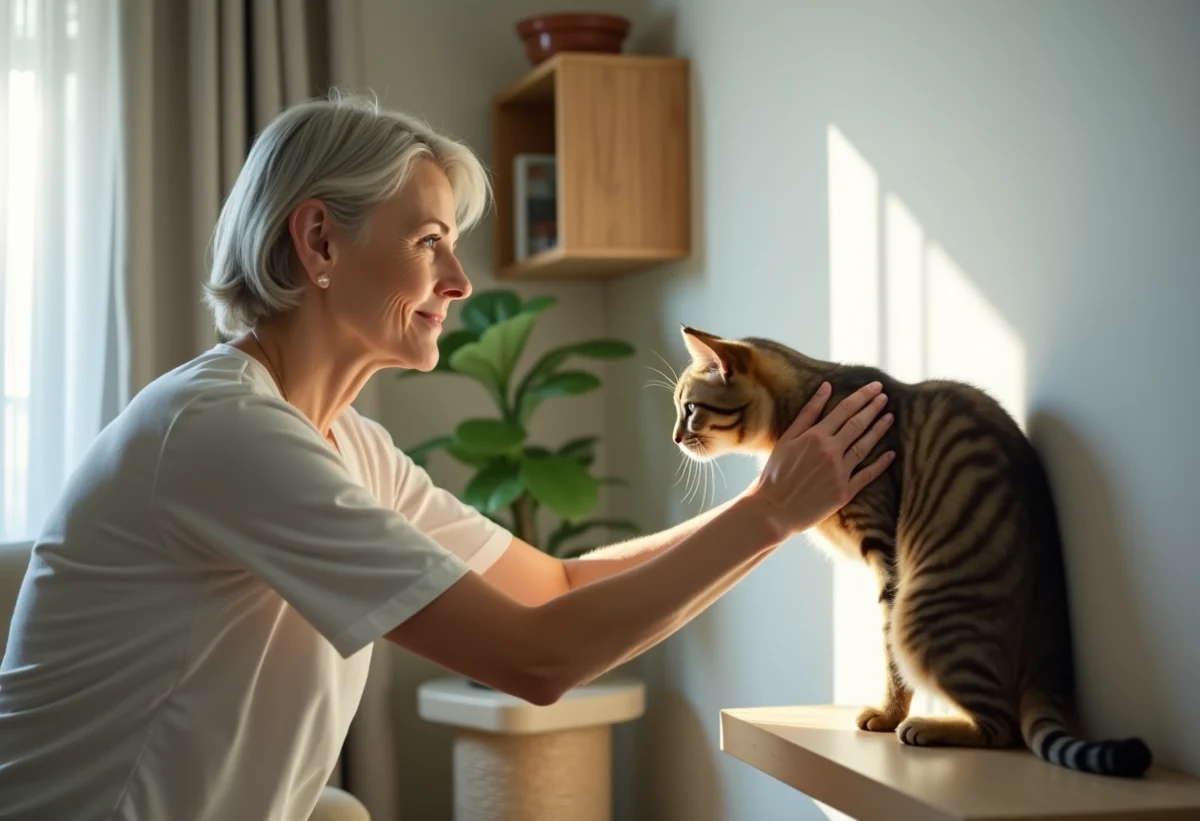 Femme nettoyant un mur marqué par un chat dans un appartement lumineux