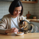 Femme nourrissant un chat dans une cuisine moderne