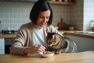 Femme nourrissant un chat dans une cuisine moderne