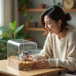 Femme observant un hamster russe nain dans son terrarium lors du premier mois d'adoption