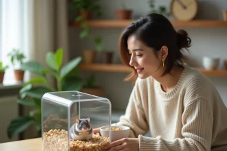 Femme observant un hamster russe nain dans son terrarium lors du premier mois d'adoption