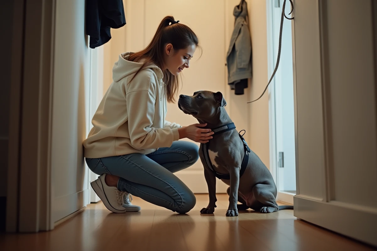 Femme équipant son Pitbull d'un harnais dans le couloir d'un appartement avant une sortie