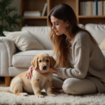 Femme caressant un chiot retriever dans un salon cosy