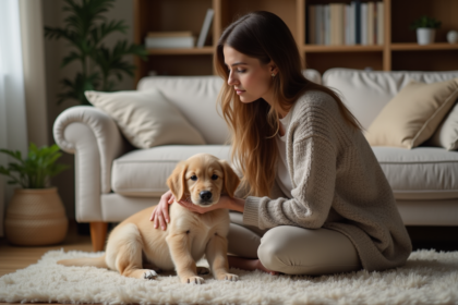 Femme caressant un chiot retriever dans un salon cosy