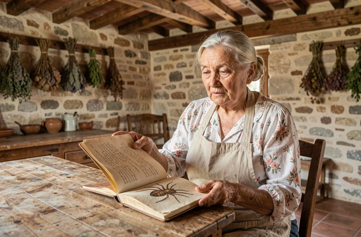 Vieille femme provençale feuilletant un carnet de légendes folkloriques sur la mygale dans une cuisine rustique en mas traditionnel