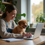 Femme assise avec un chiot dans un bureau à domicile