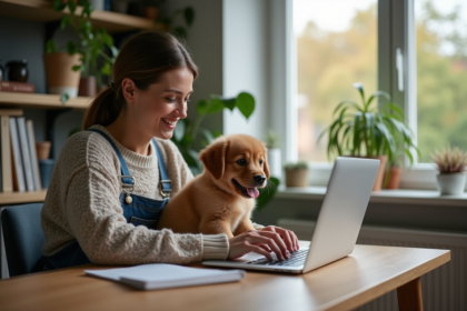 Femme assise avec un chiot dans un bureau à domicile