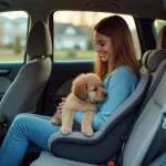 Femme en bleu sécurise un chiot Newfoundland dans la voiture