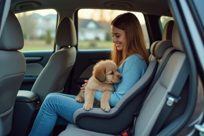 Femme en bleu sécurise un chiot Newfoundland dans la voiture