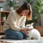 Jeune femme attachant un collier floral à un lapin blanc