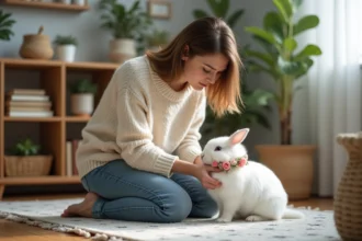 Jeune femme attachant un collier floral à un lapin blanc