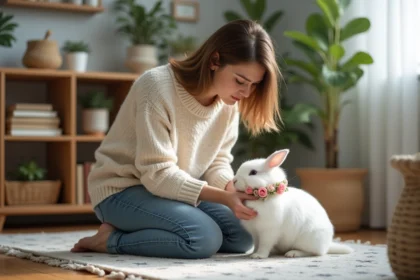 Jeune femme attachant un collier floral à un lapin blanc