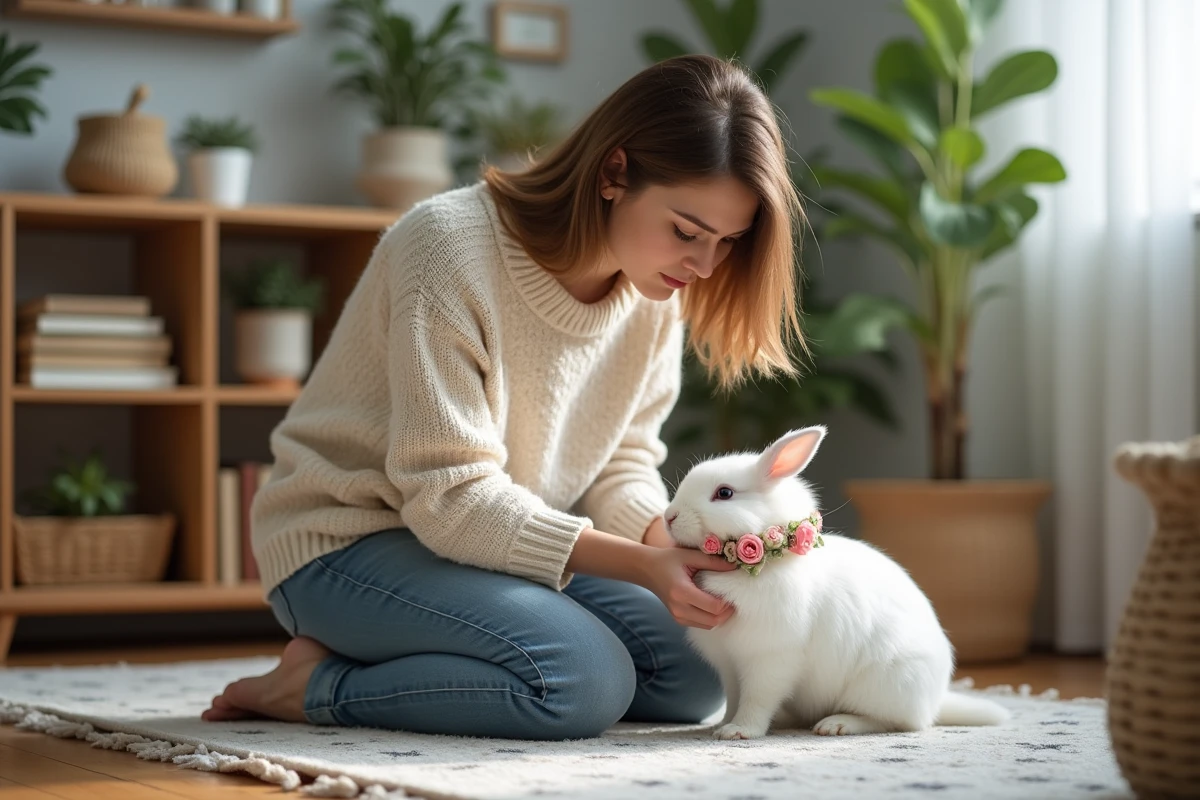 Jeune femme attachant un collier floral à un lapin blanc