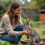 Jeune femme caressant un grand lapin dans un jardin bio