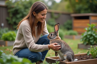 Jeune femme caressant un grand lapin dans un jardin bio