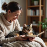Femme réconforte son chat dans un salon chaleureux