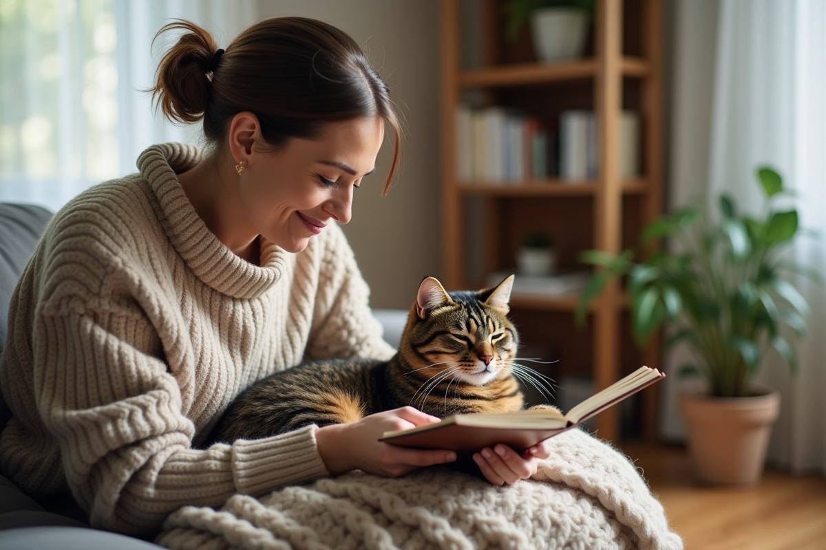 Femme réconforte son chat dans un salon chaleureux