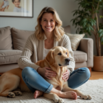 Femme détendue avec un retriever dans un salon chaleureux