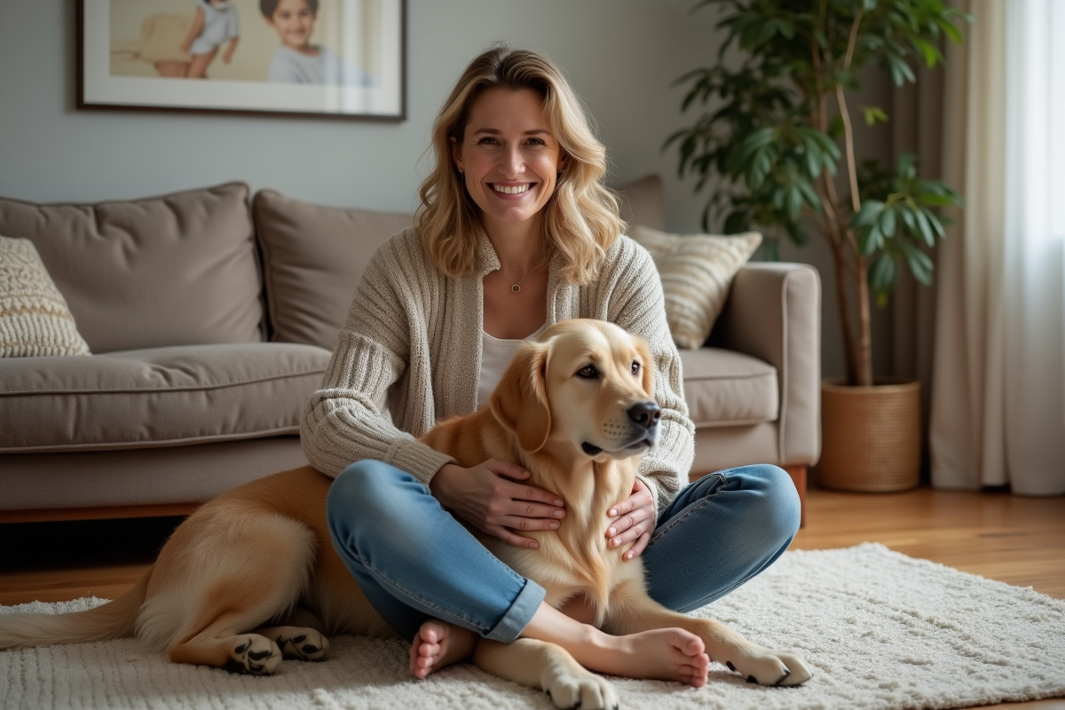 Femme détendue avec un retriever dans un salon chaleureux