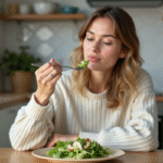 Jeune femme dégustant une salade dans une cuisine lumineuse