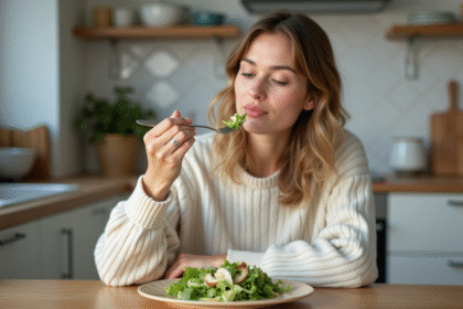 Jeune femme dégustant une salade dans une cuisine lumineuse