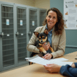 Femme signant papier avec chien dans refuge animalier