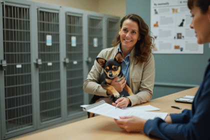 Femme signant papier avec chien dans refuge animalier