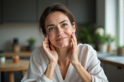 Femme examinant sa peau dans une cuisine lumineuse