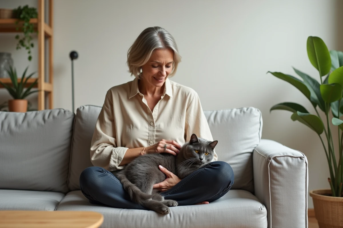 Femme brossant son chat British Shorthair gris sur un canapé à la maison, conseils bien-être et soins pour chat d'intérieur