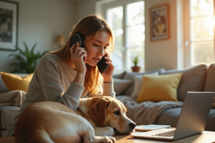 Femme inquiète passant un appel dans un salon lumineux avec un chien reposant