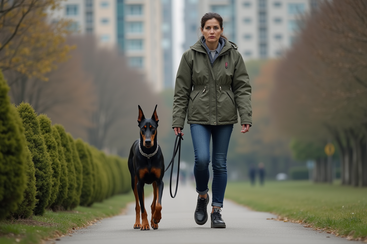Femme marchant un doberman dans un parc urbain
